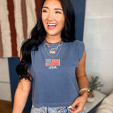 USA Embroidered Muscle Tee - Washed Navy - Lace and Grace Boutique