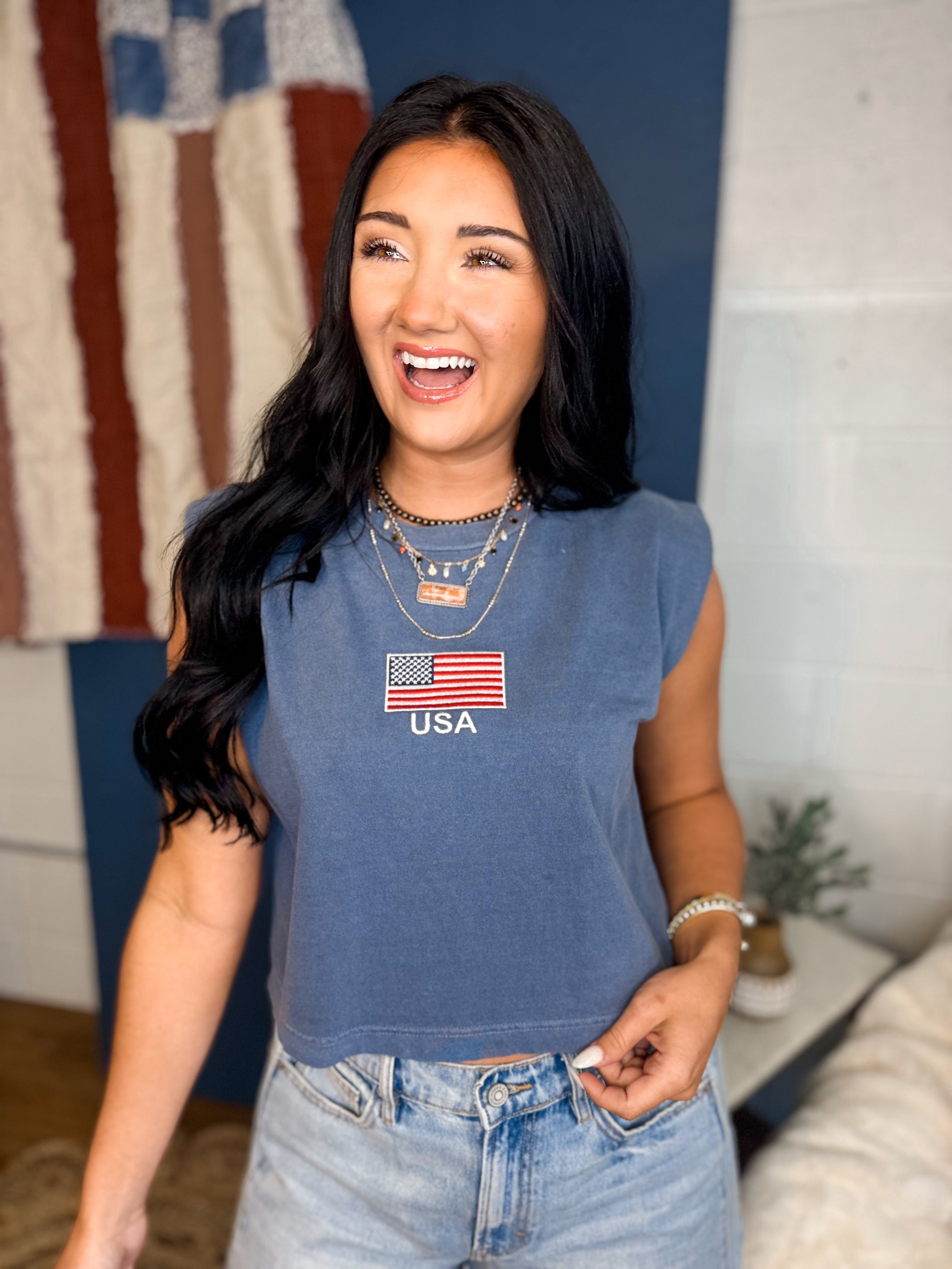 USA Embroidered Muscle Tee - Washed Navy - Lace and Grace Boutique