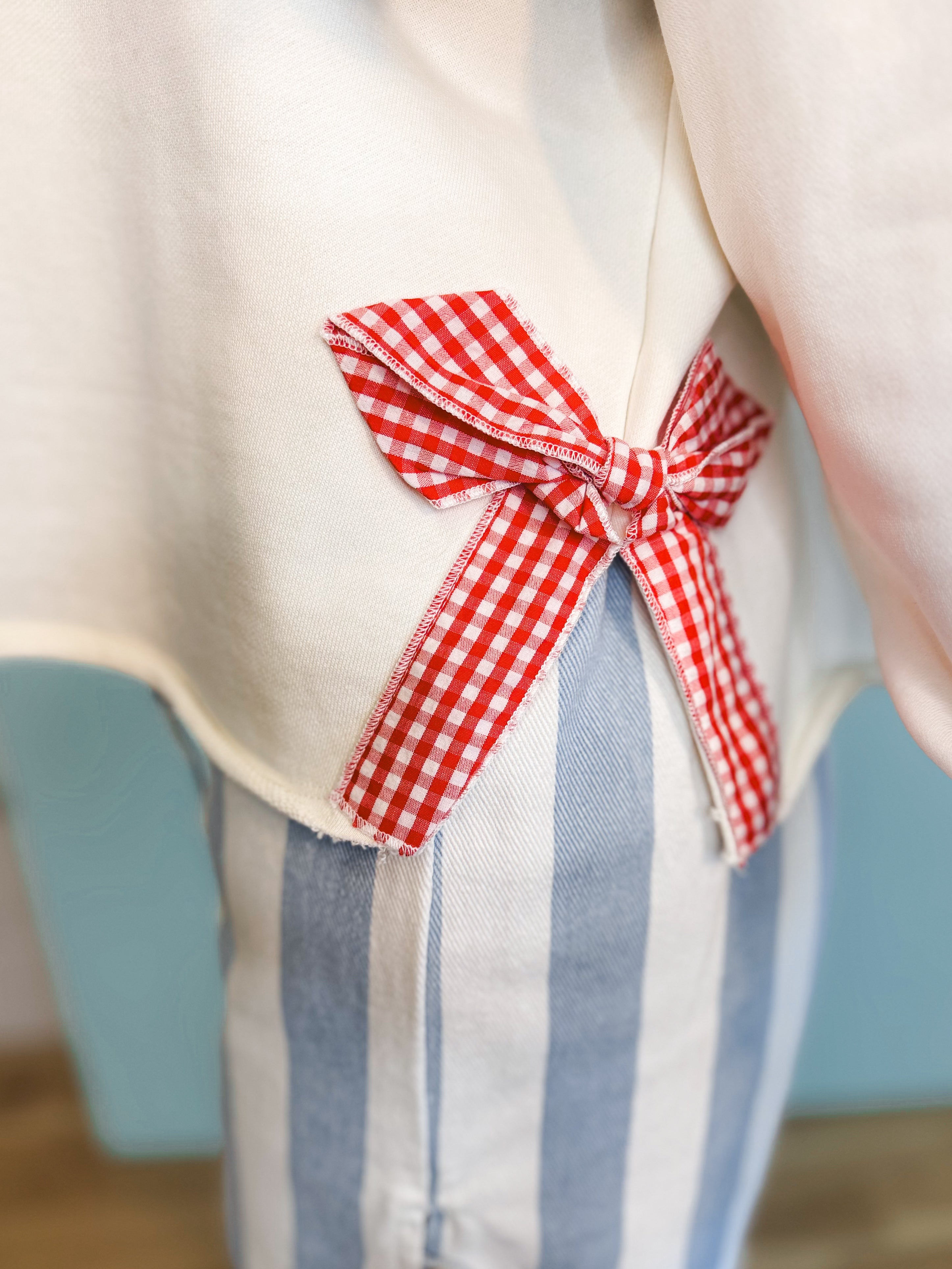 Gingham Bow Side Slit Pullover Top - Off White/Red - Lace and Grace Boutique