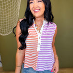 Striped Color Block Knit Henley Tank Top - Peach/Lavender - Lace and Grace Boutique
