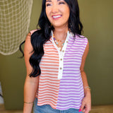 Striped Color Block Knit Henley Tank Top - Peach/Lavender - Lace and Grace Boutique