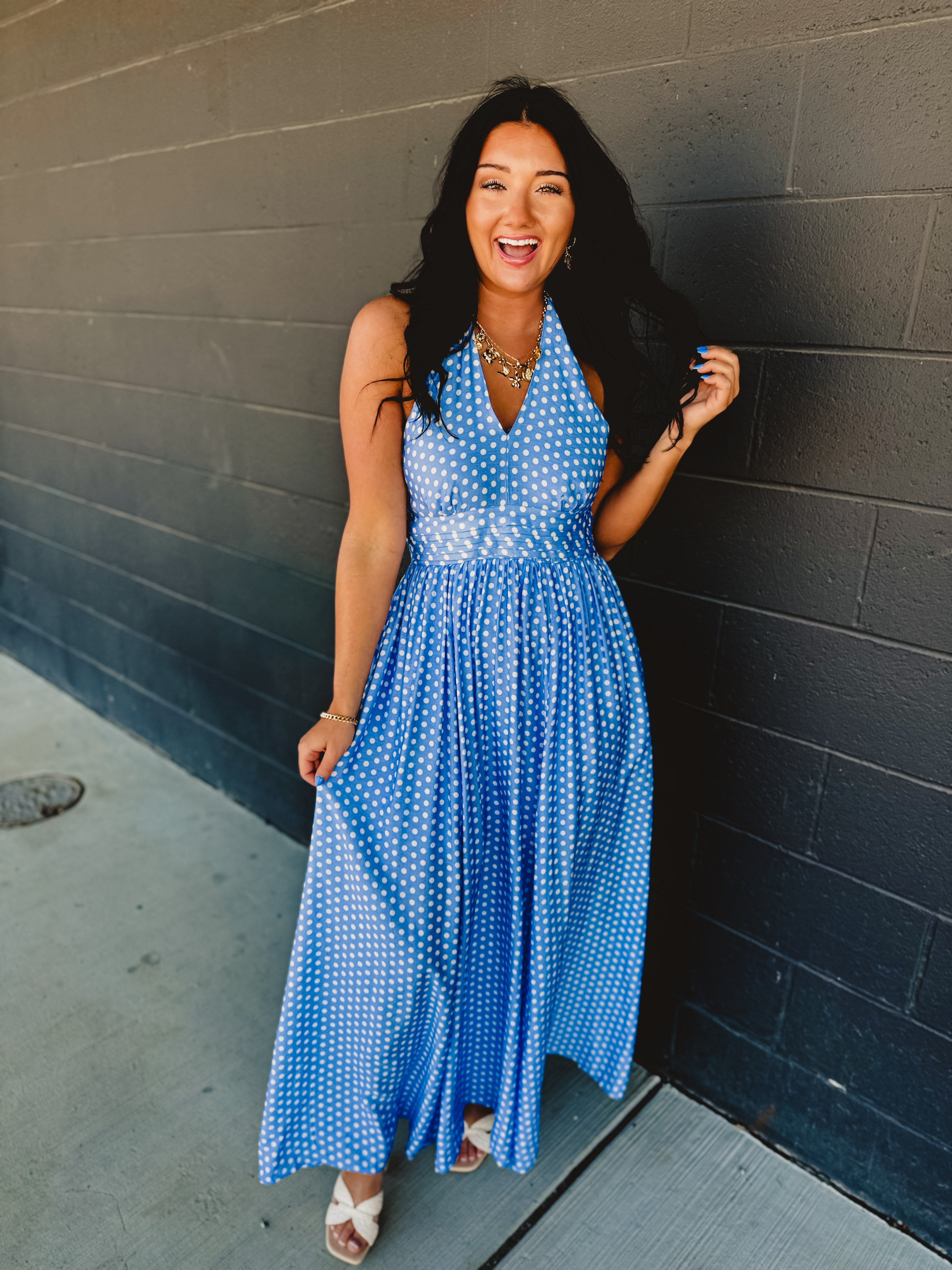 Polka Dot Halter Maxi Dress - Airy Blue - Lace and Grace Boutique
