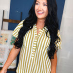 Striped Balloon Sleeve Blouse - Olive - Lace and Grace Boutique