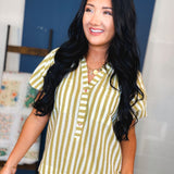 Striped Balloon Sleeve Blouse - Olive - Lace and Grace Boutique