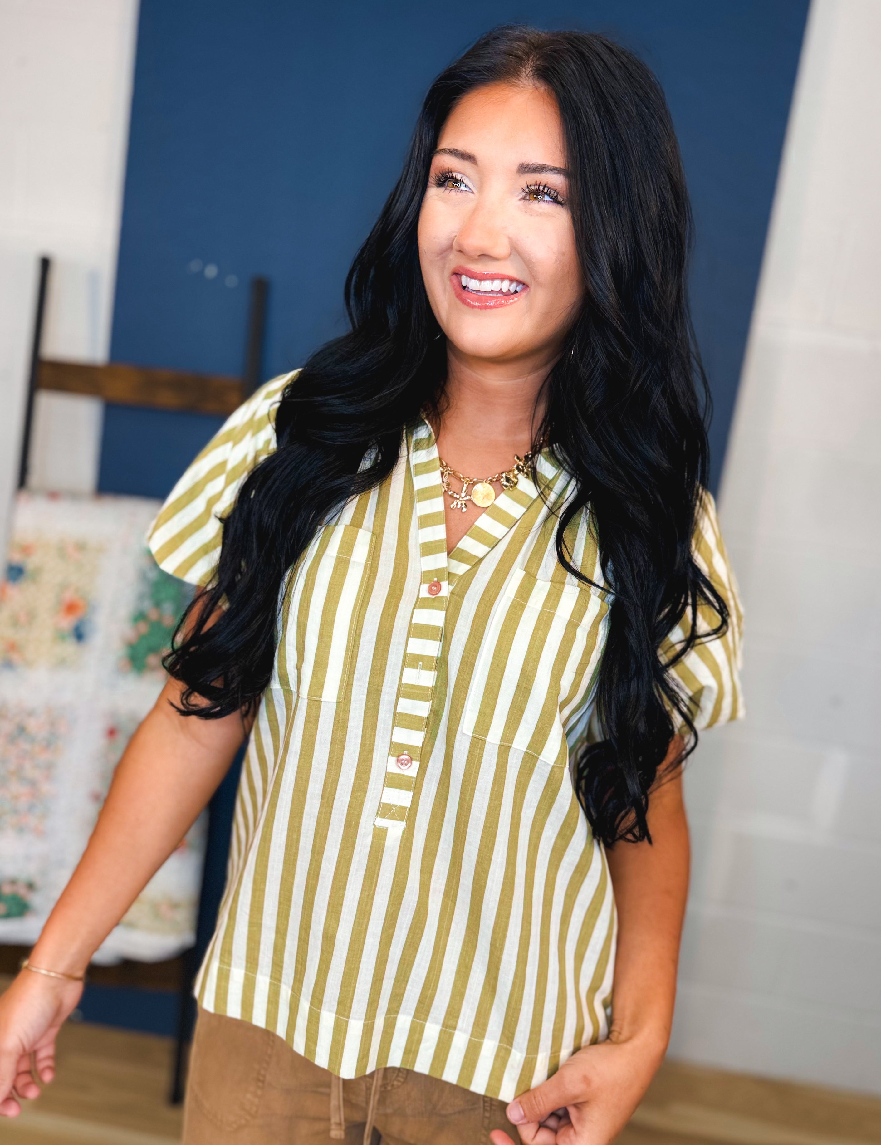 Striped Balloon Sleeve Blouse - Olive - Lace and Grace Boutique