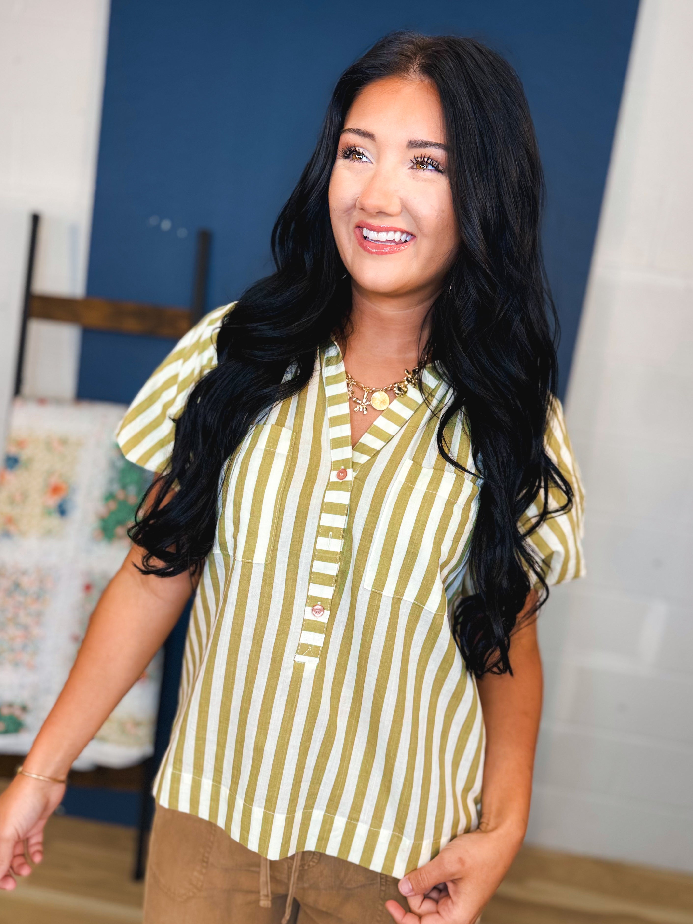 Striped Balloon Sleeve Blouse - Olive - Lace and Grace Boutique