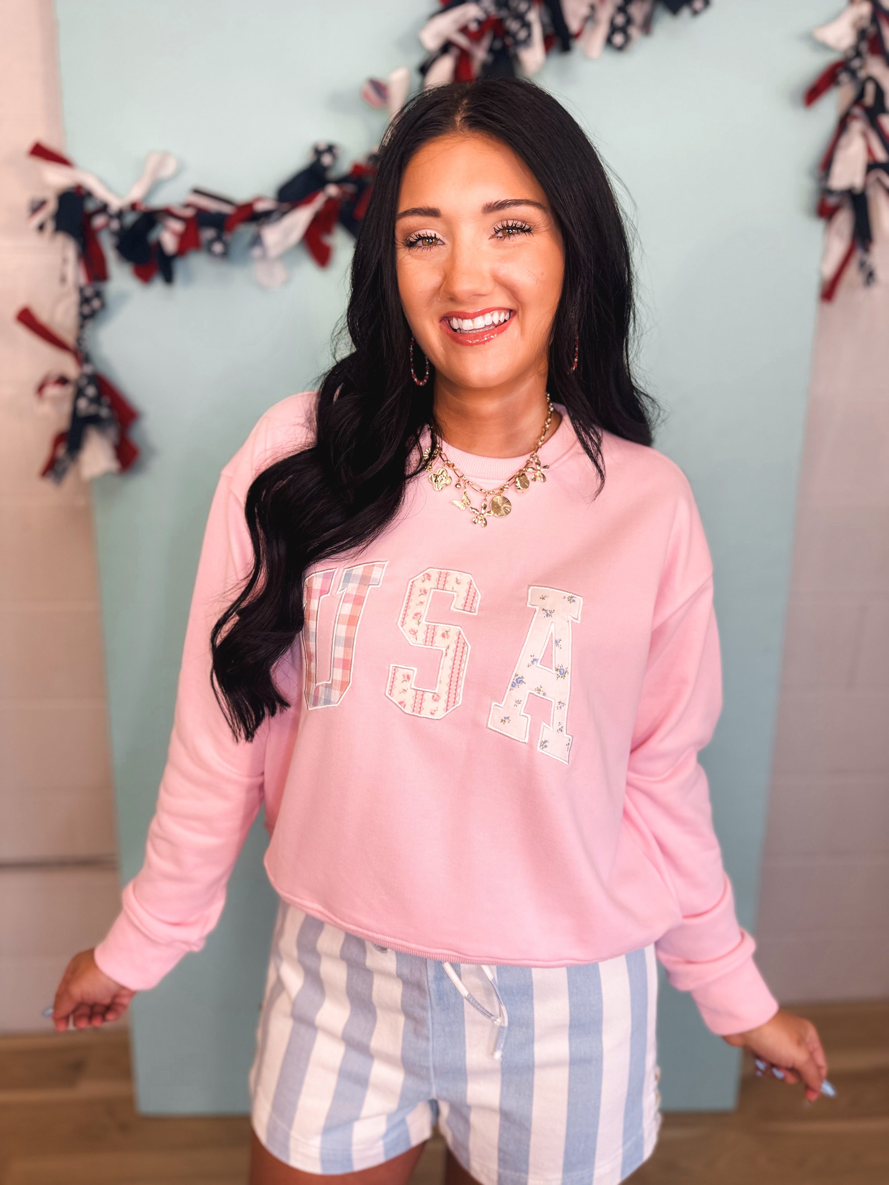 USA Patchwork Pullover - Pink - Lace and Grace Boutique