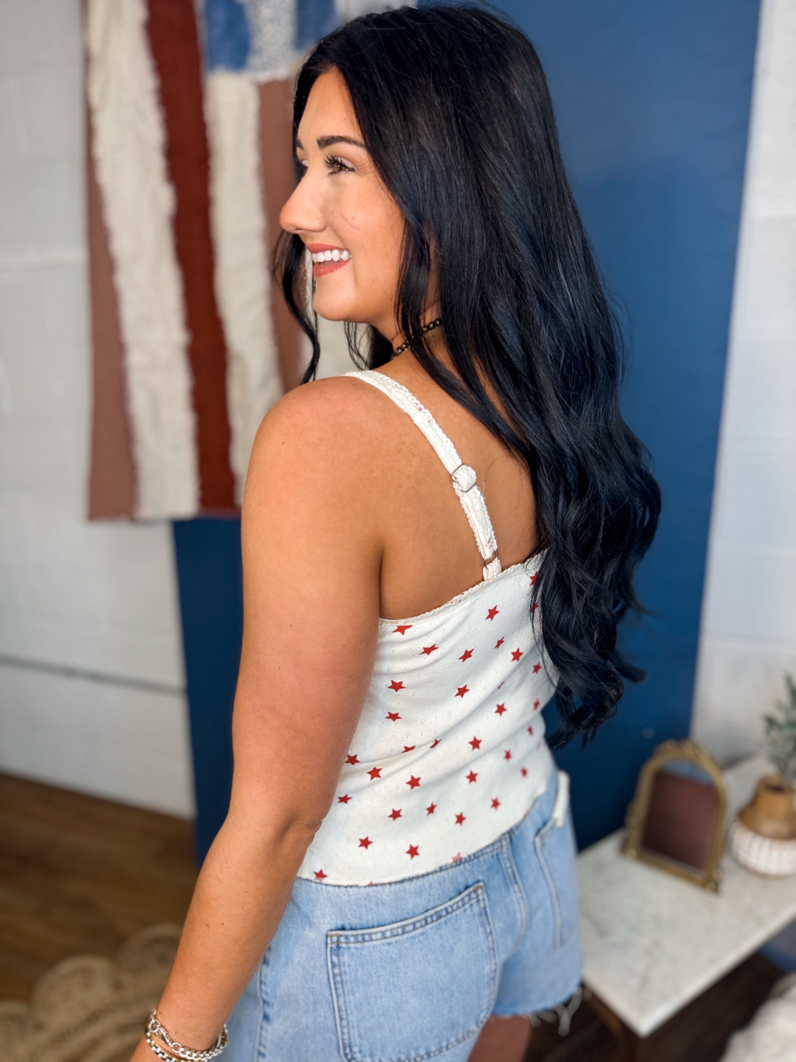 POL Lace Trim Star Print Knit Cami Top - Natural - Lace and Grace Boutique