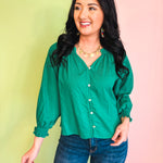 Drop Shoulder Smocked Cuff Blouse - Emerald - Lace and Grace Boutique