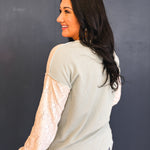 Two Tone Ribbed Knit Lace Detail Henley Top - Sage - Lace and Grace Boutique