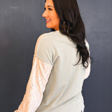 Two Tone Ribbed Knit Lace Detail Henley Top - Sage - Lace and Grace Boutique