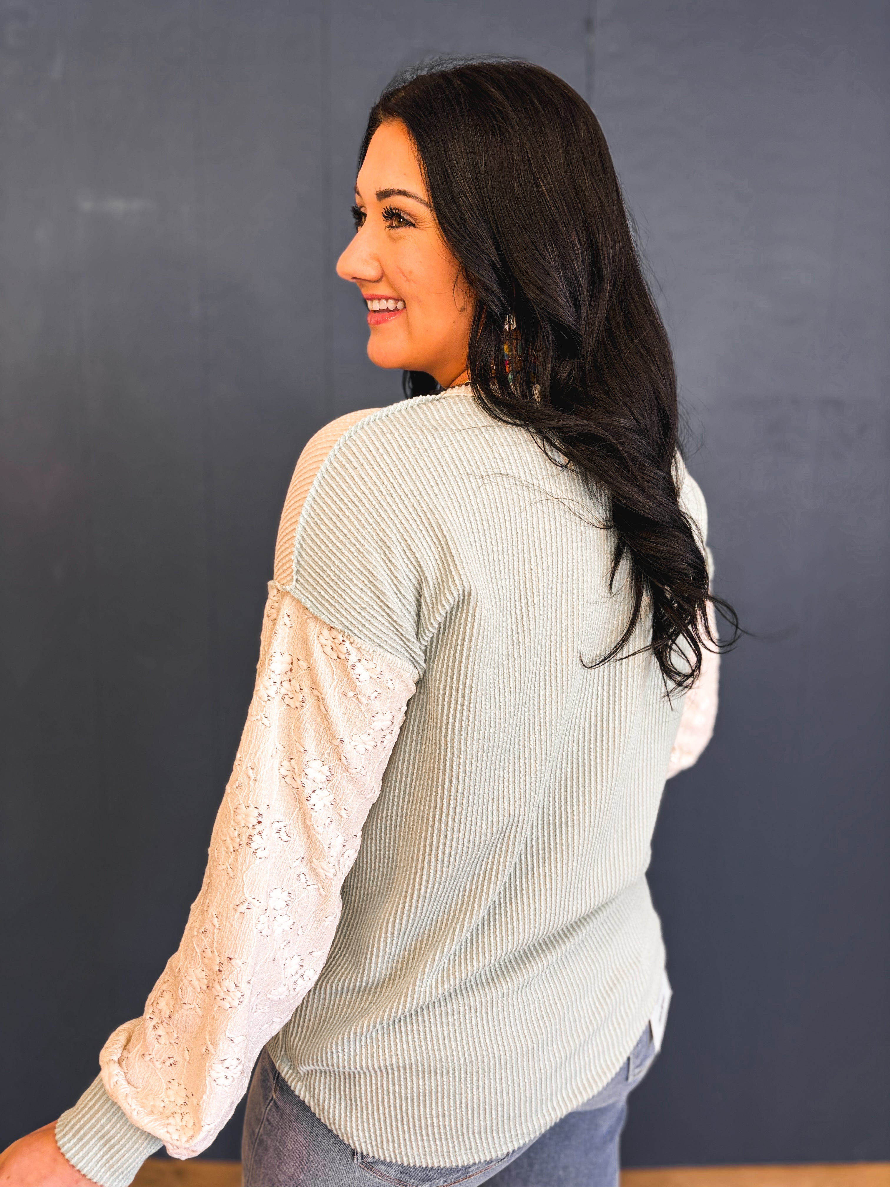 Two Tone Ribbed Knit Lace Detail Henley Top - Sage - Lace and Grace Boutique