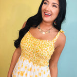 Strap Tied Smocked Mixed Print Midi Dress - Yellow Bell Mix - Lace and Grace Boutique