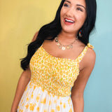Strap Tied Smocked Mixed Print Midi Dress - Yellow Bell Mix - Lace and Grace Boutique