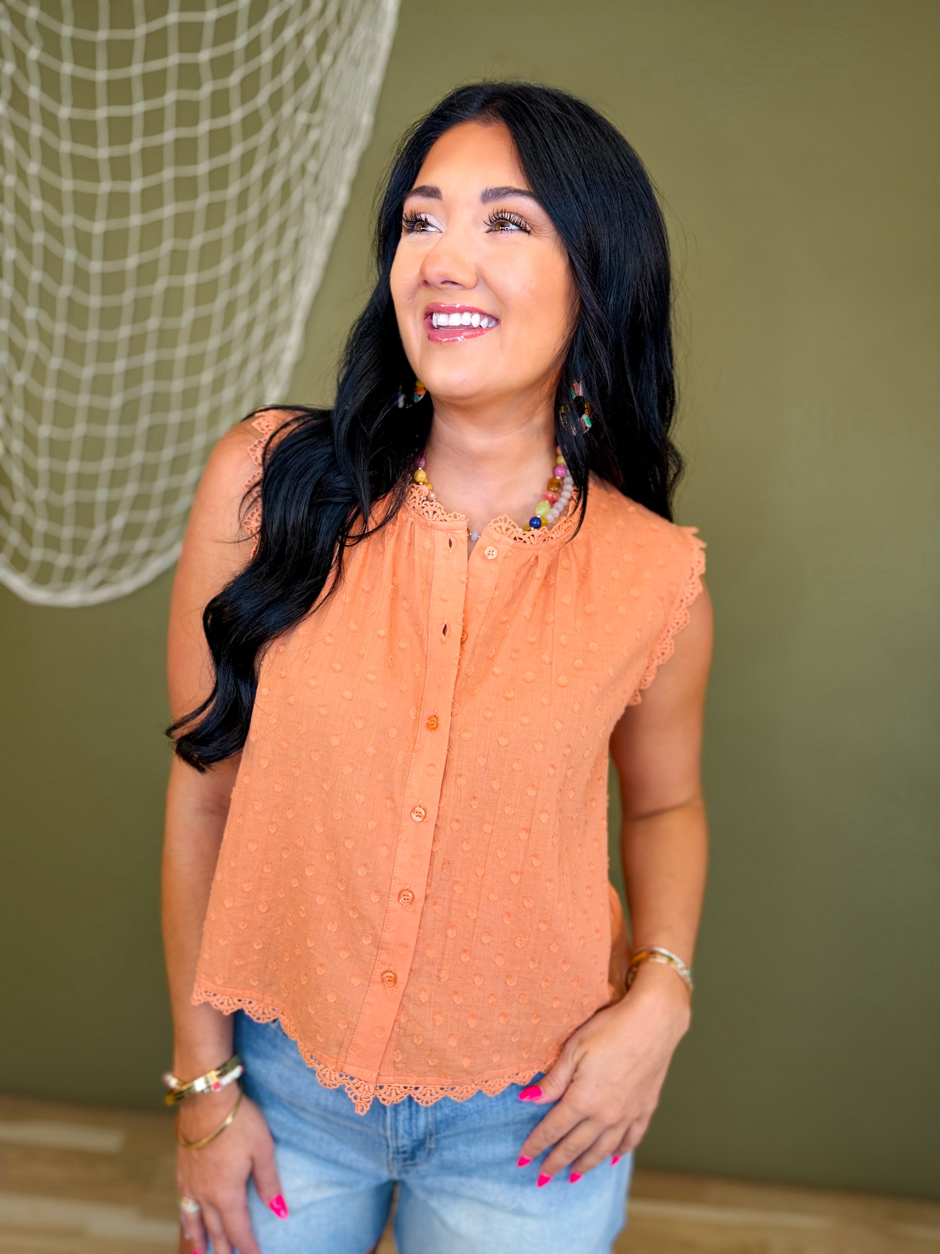 Lace Trim Swiss Dot Button Up Tank Top - Sienna - Lace and Grace Boutique