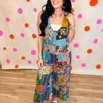 POL V-Neck Patchwork Overalls - Sage Multi - Lace and Grace Boutique