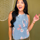 Vintage Floral Printed Scalloped Trim Denim Tank Top - Lace and Grace Boutique
