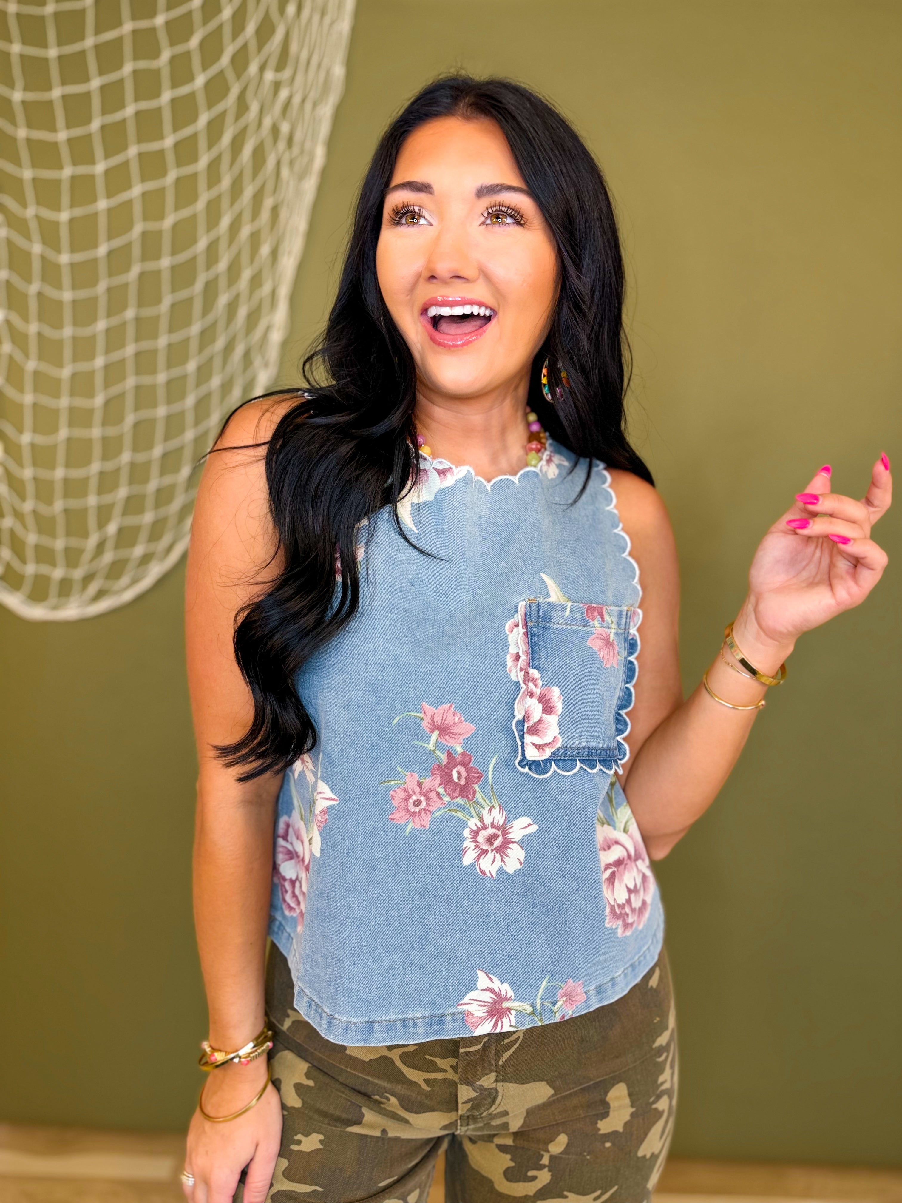 Vintage Floral Printed Scalloped Trim Denim Tank Top - Lace and Grace Boutique