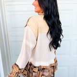 POL Patchwork Plaid & Thermal Knit Button Down Jacket - Almond
