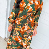 Smocked Floral Printed Long Sleeve Midi Dress - Green Multi