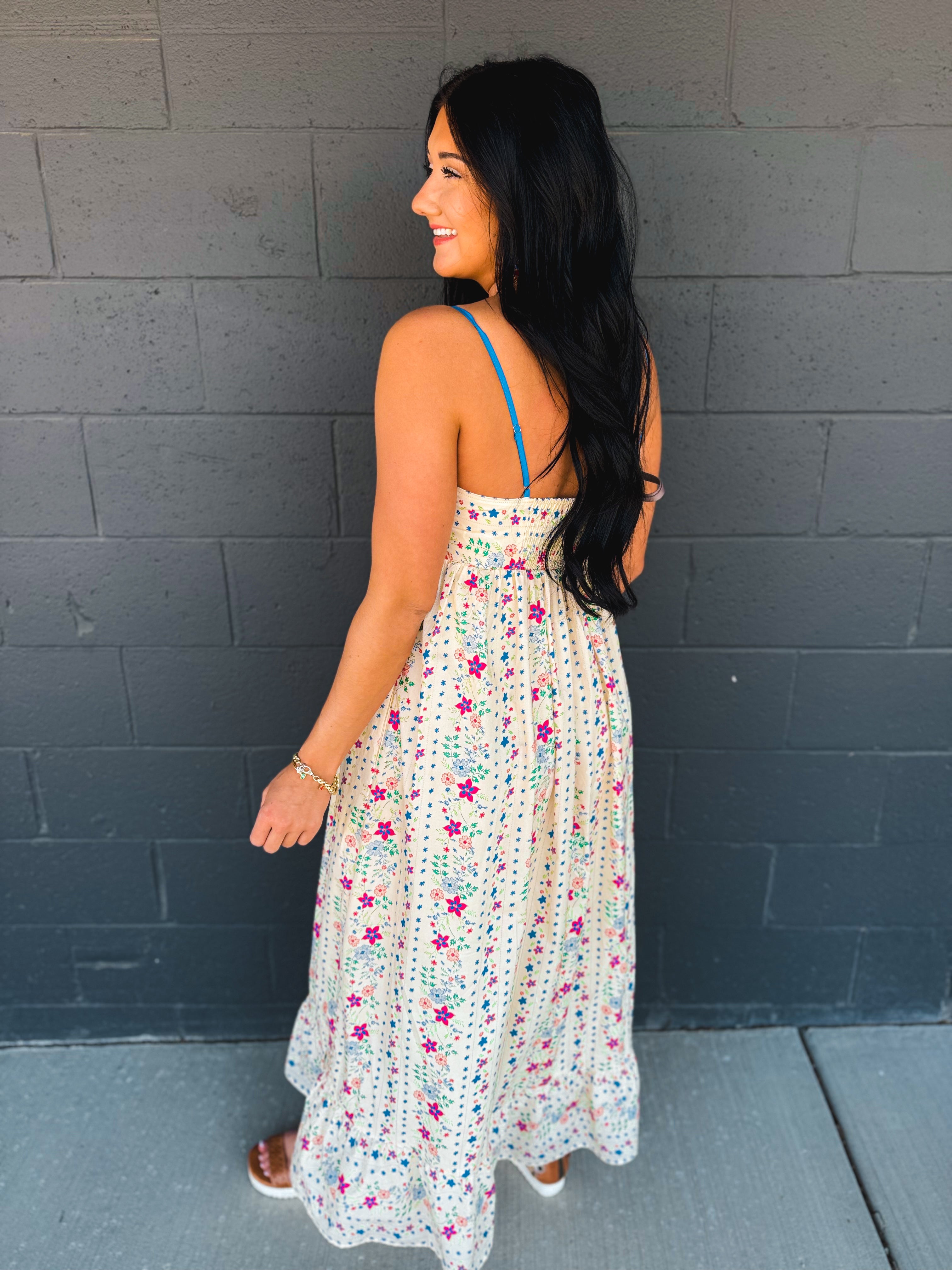 Cotton Floral Sleeveless Maxi Dress - Creme Floral - Lace and Grace Boutique