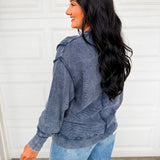 Acid Wash Ribbed Pullover Top - Navy
