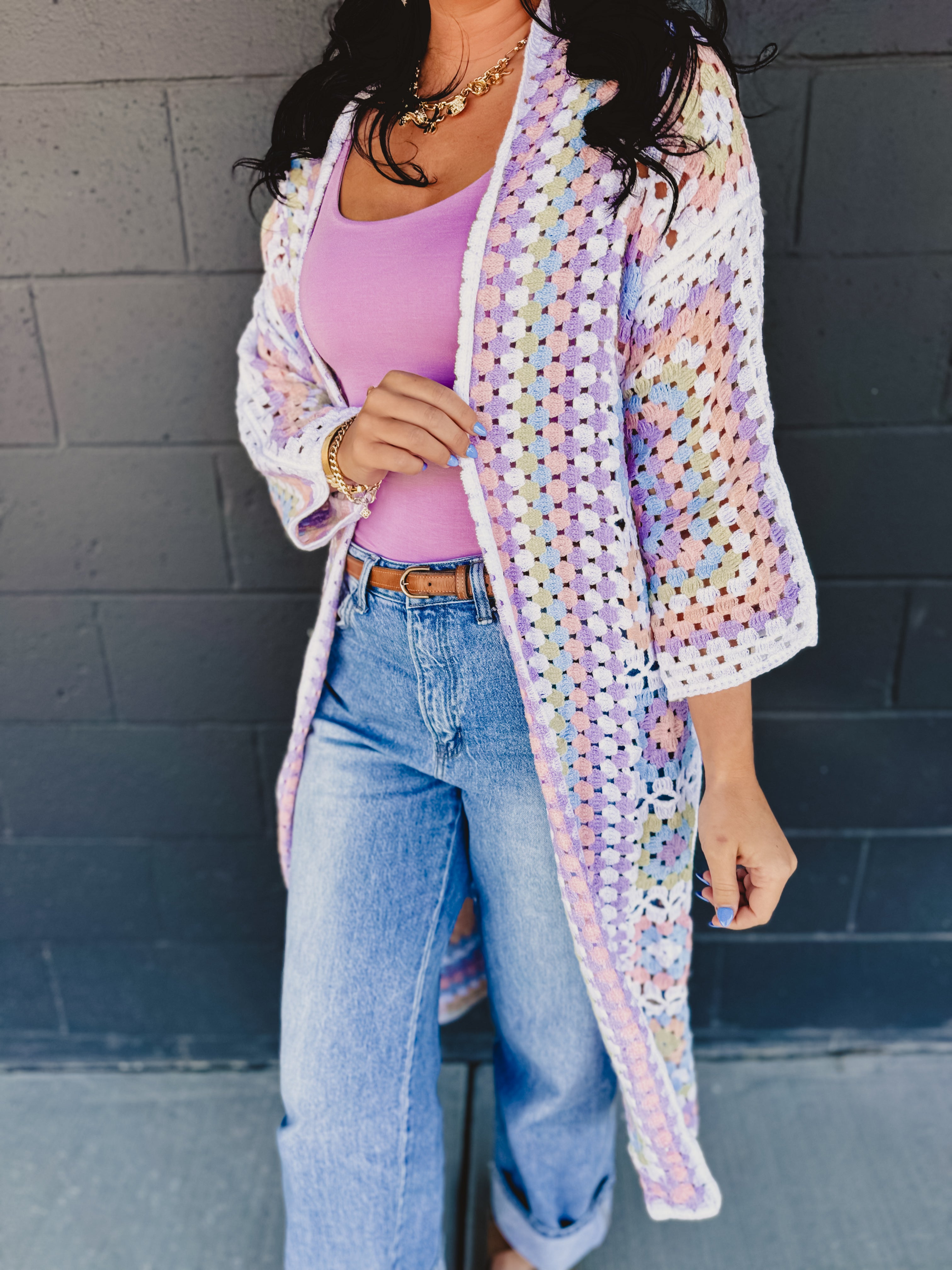 POL Granny Square Crochet Cardigan - White Multi - Lace and Grace Boutique
