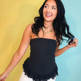 Poplin Button Detail Lace Trim Tube Top - Black - Lace and Grace Boutique