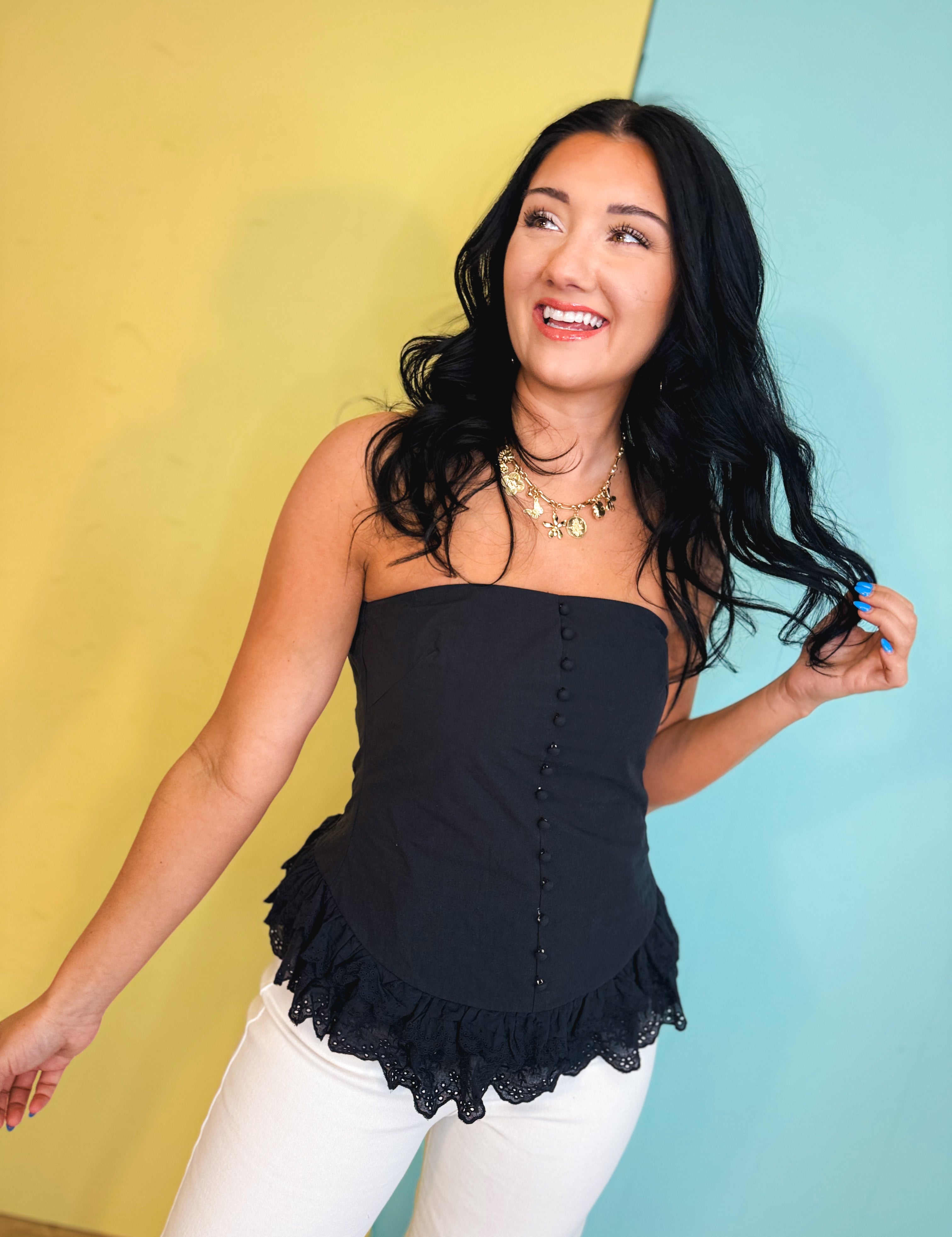 Poplin Button Detail Lace Trim Tube Top - Black - Lace and Grace Boutique