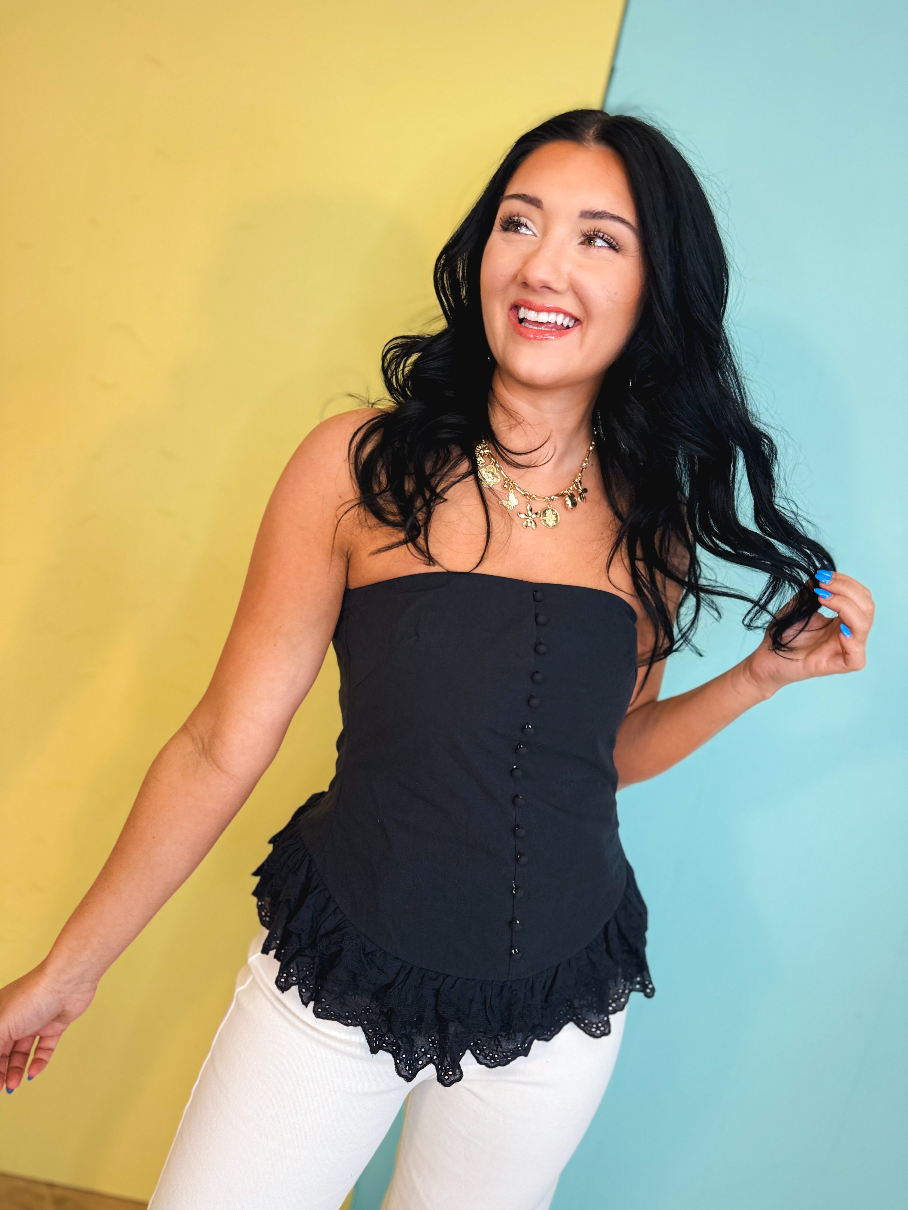 Poplin Button Detail Lace Trim Tube Top - Black - Lace and Grace Boutique