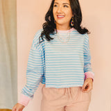 Striped French Terry Long Sleeve Cropped Top - Blue/Pink