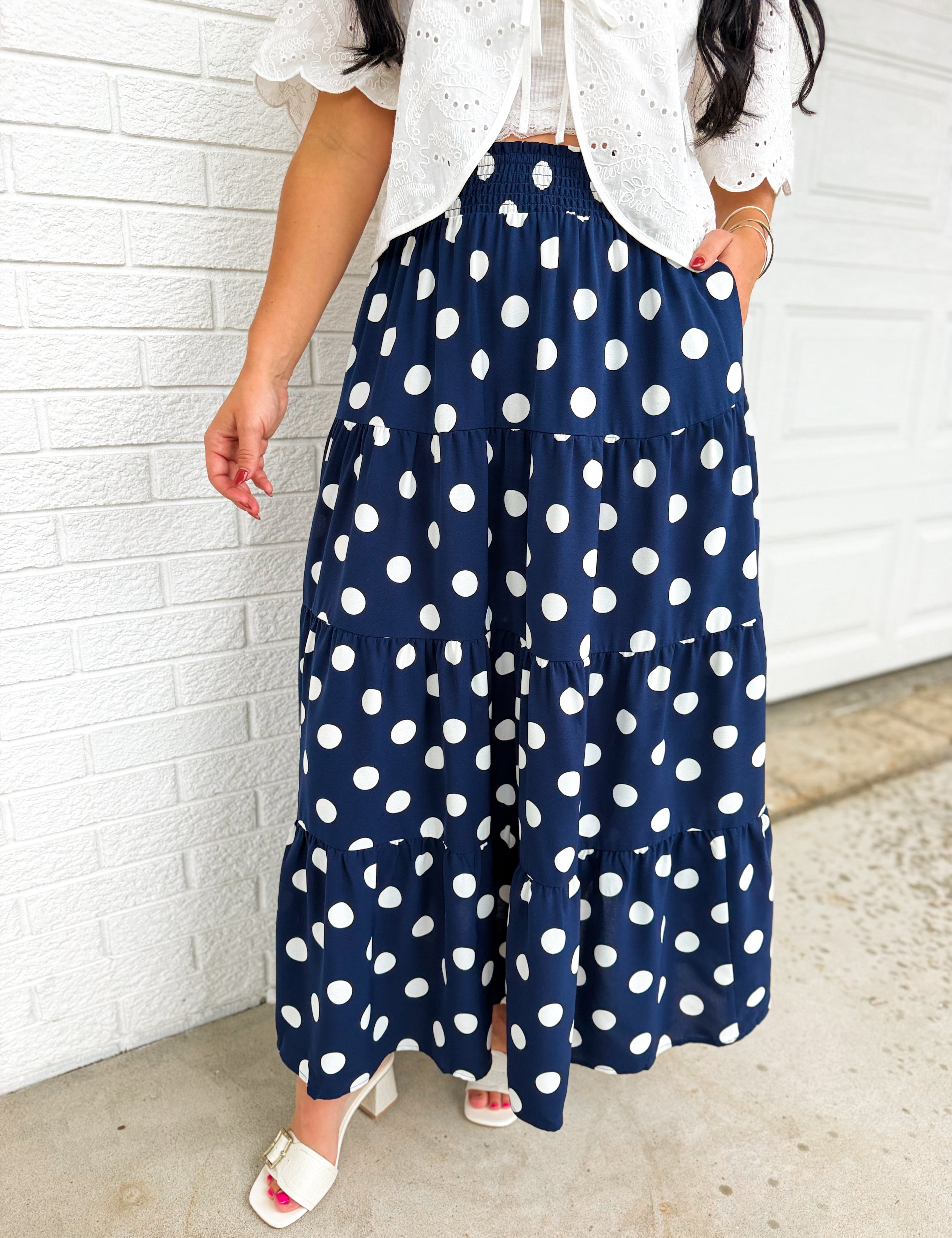 Tiered Polka Dot Maxi Skirt - Navy/White - Lace and Grace Boutique