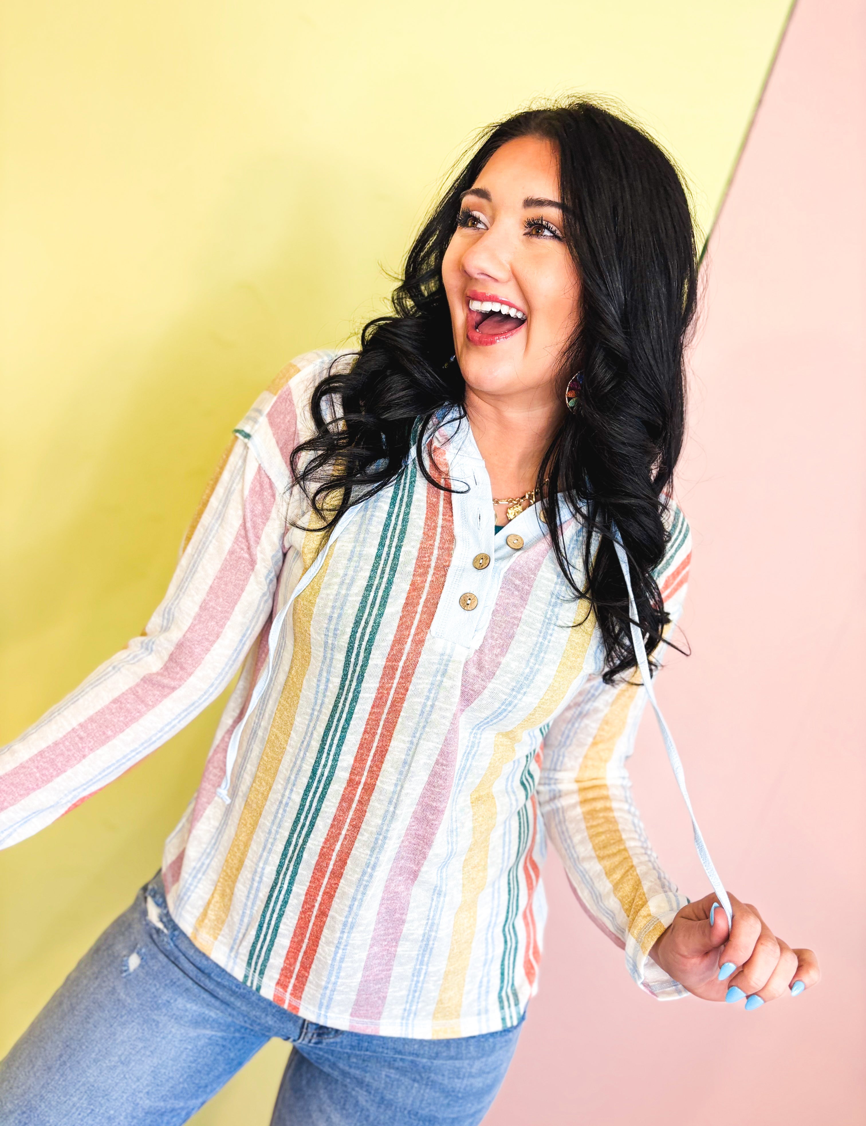 Striped Button Up Hooded Pullover - Multi - Lace and Grace Boutique