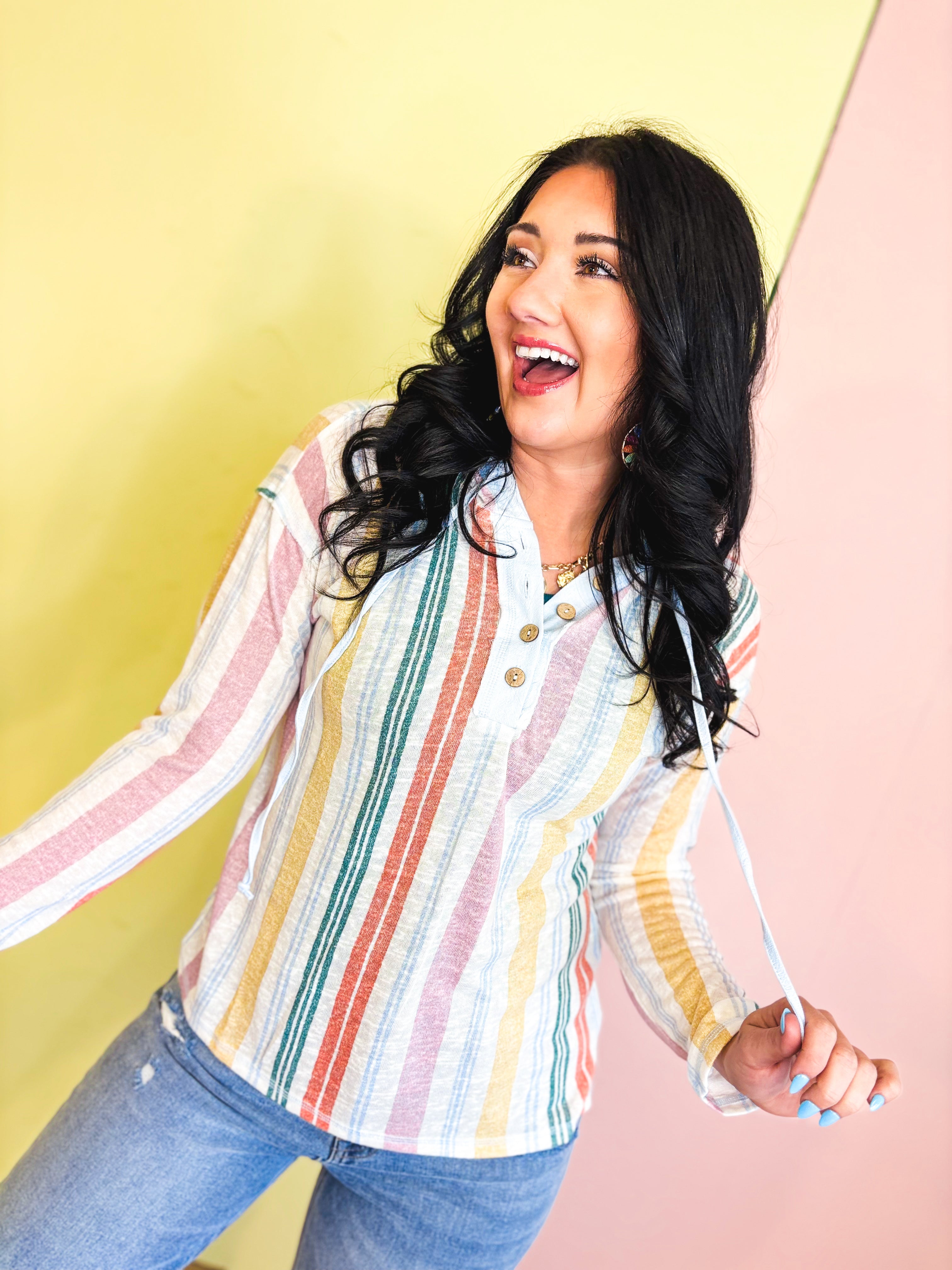 Striped Button Up Hooded Pullover - Multi - Lace and Grace Boutique