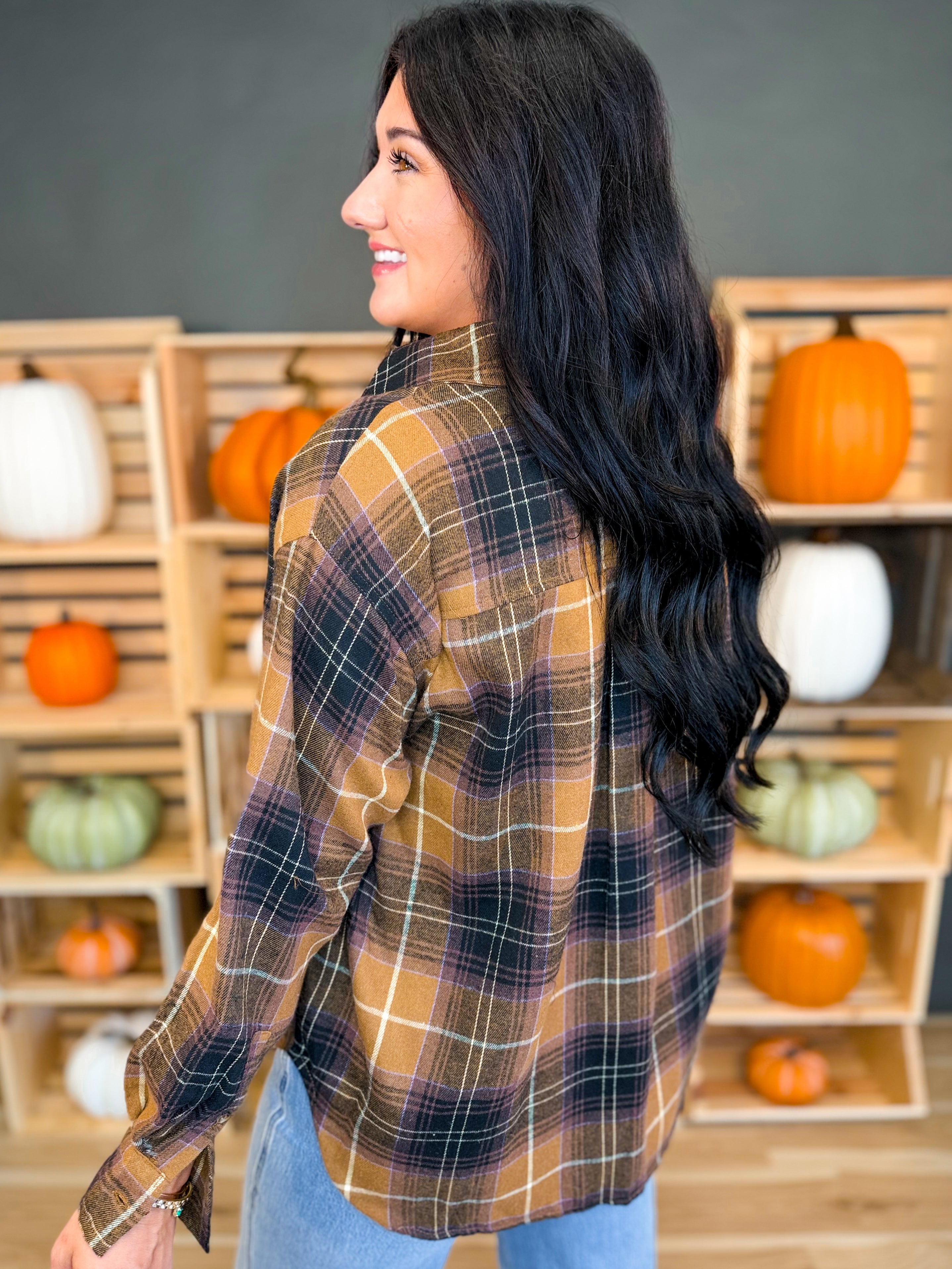 Tartan Plaid Button Down Flannel Top - Latte - Lace and Grace Boutique