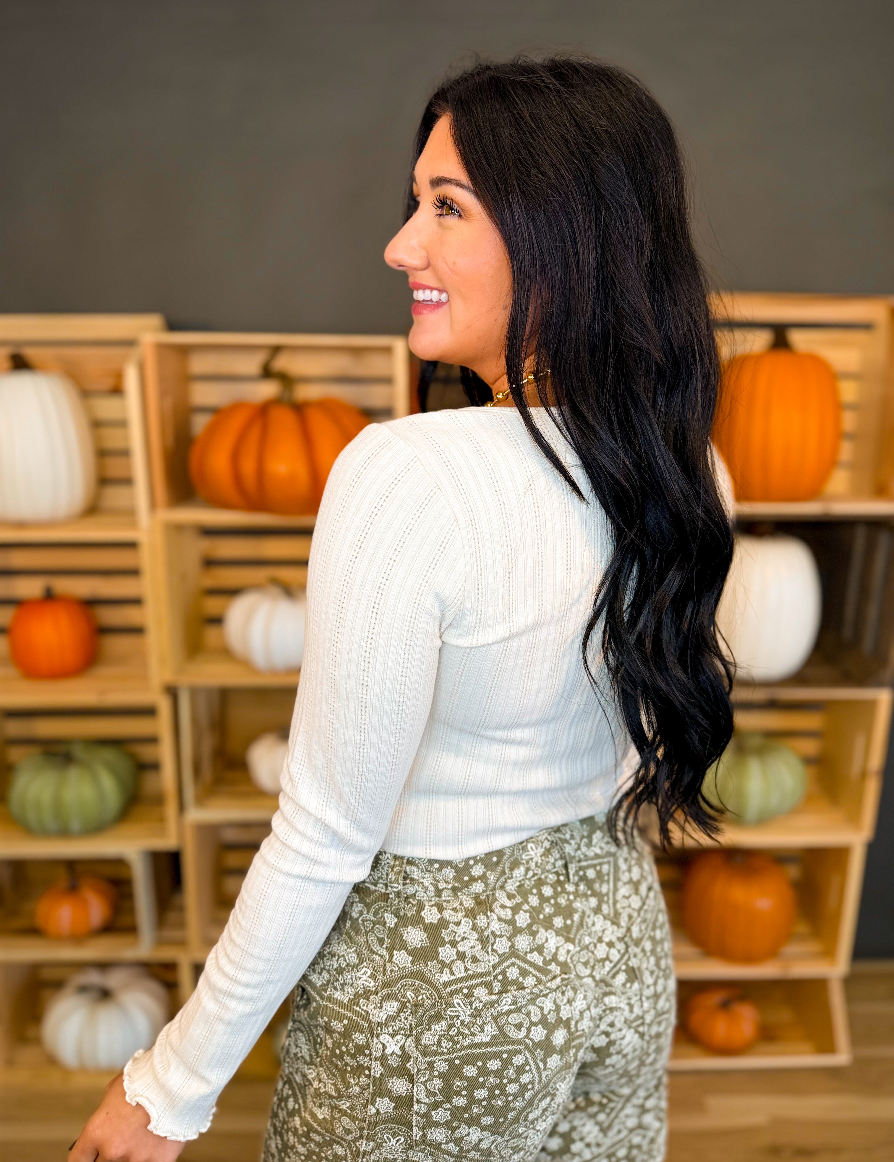 Textured Ribbed Long Sleeve Top - Ecru - Lace and Grace Boutique