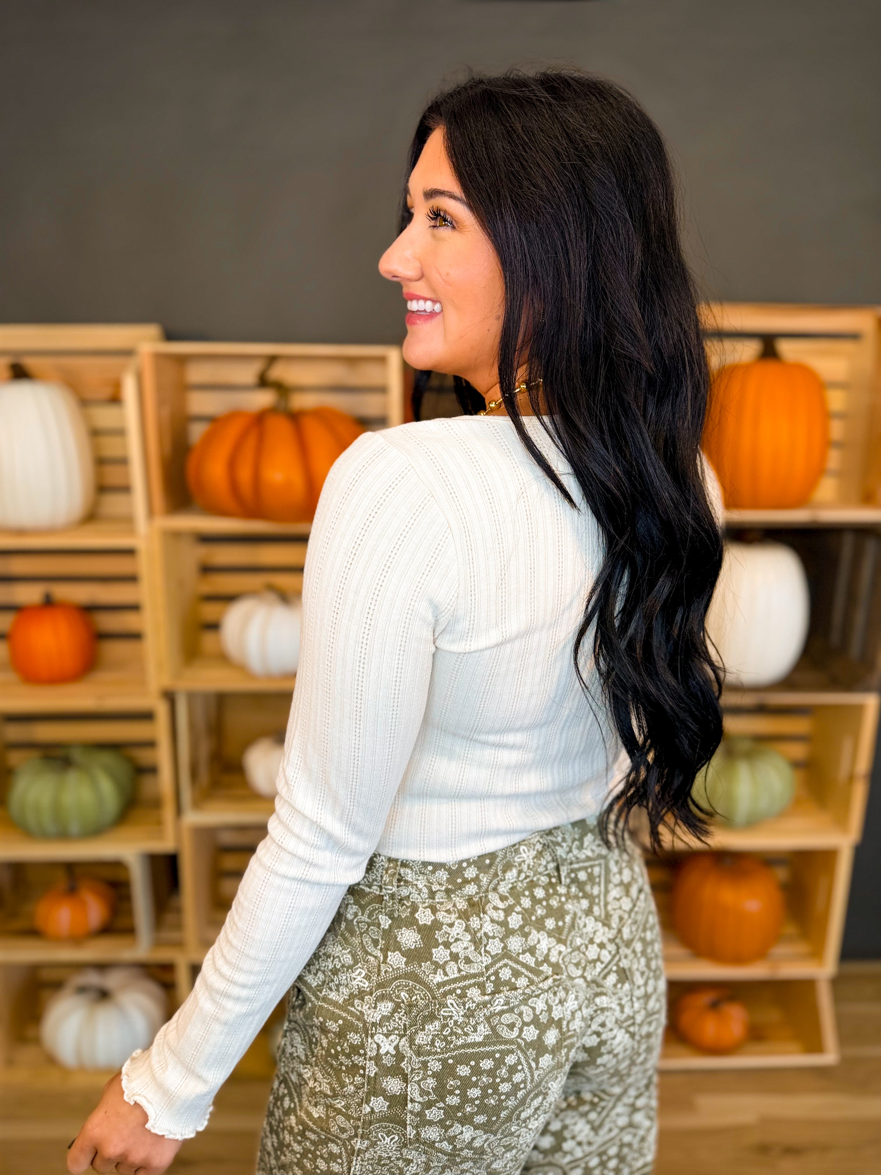 Textured Ribbed Long Sleeve Top - Ecru - Lace and Grace Boutique