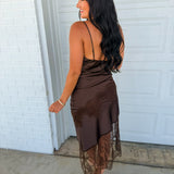 Asymmetrical Lace Trim Slip Midi Dress - Umber Brown