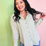 Oversized Striped Button Down Top - Sage - Lace and Grace Boutique