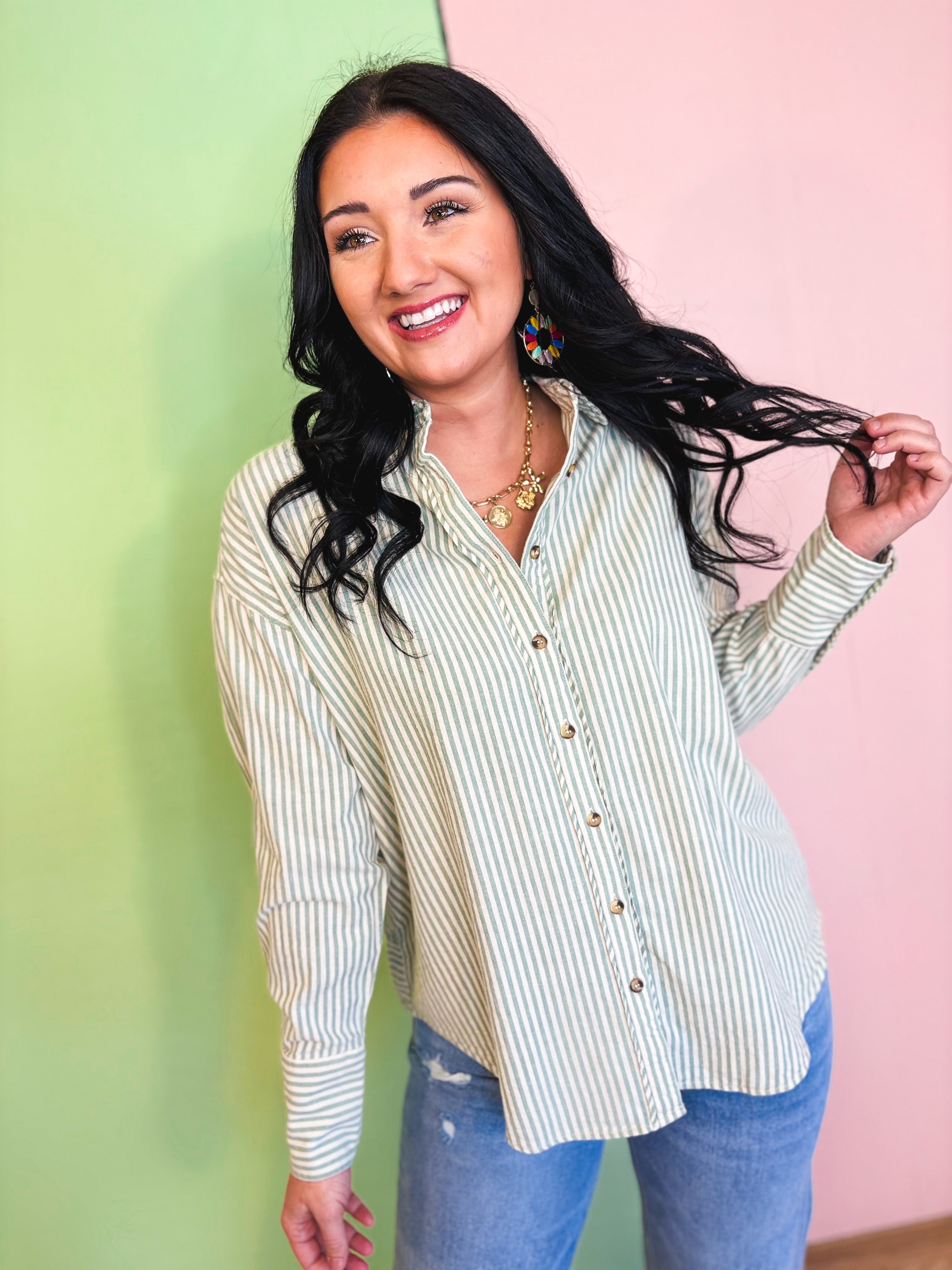 Oversized Striped Button Down Top - Sage - Lace and Grace Boutique