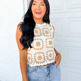 Granny Square Crochet Tank Top - White/Taupe