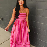 Striped Woven Cotton Flare Midi Dress - Pink Multi - Lace and Grace Boutique