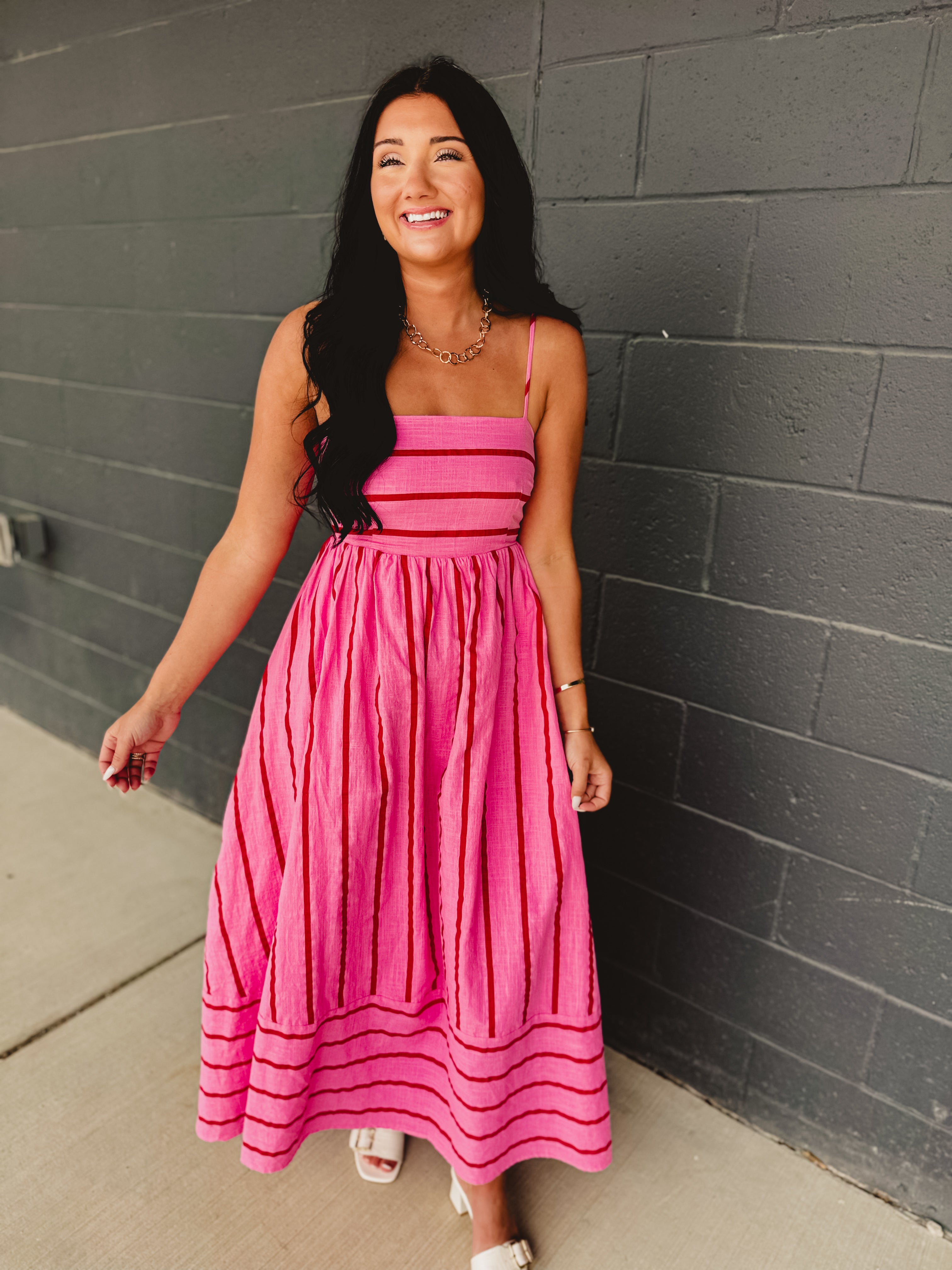 Striped Woven Cotton Flare Midi Dress - Pink Multi - Lace and Grace Boutique