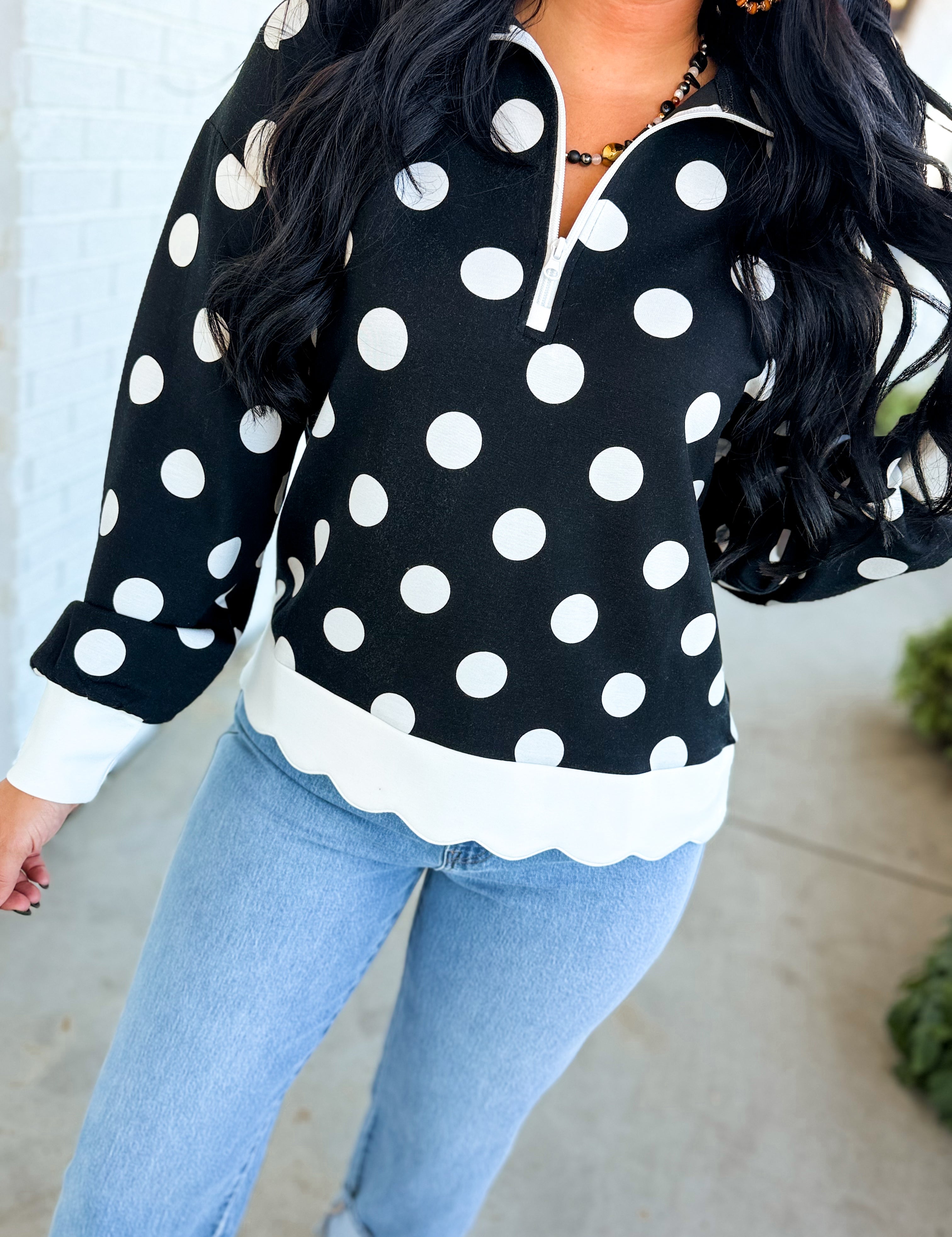 Simply Southern Polka Dot Quarter Zip Sweatshirt - Black - Lace and Grace Boutique