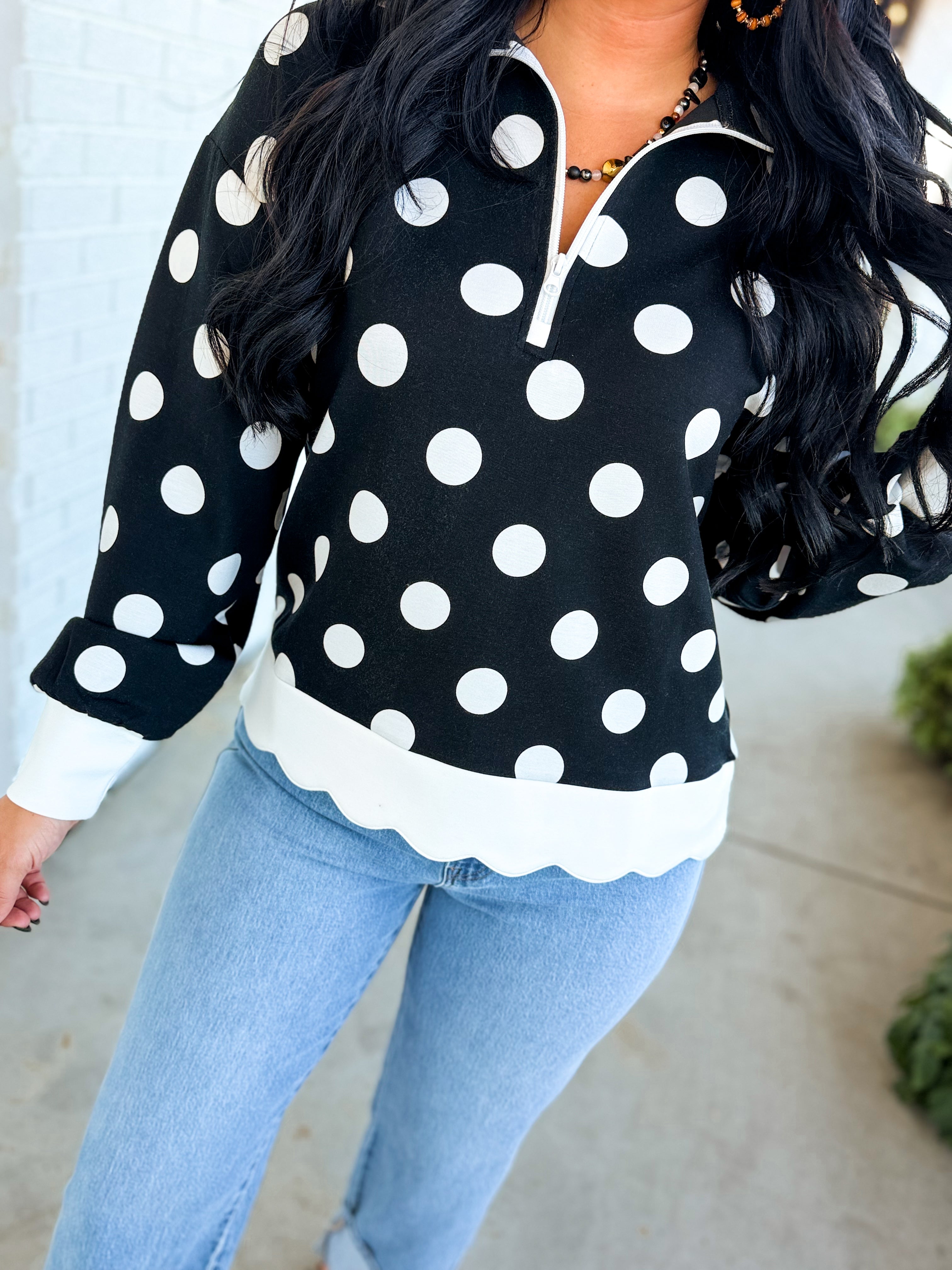 Simply Southern Polka Dot Quarter Zip Sweatshirt - Black - Lace and Grace Boutique