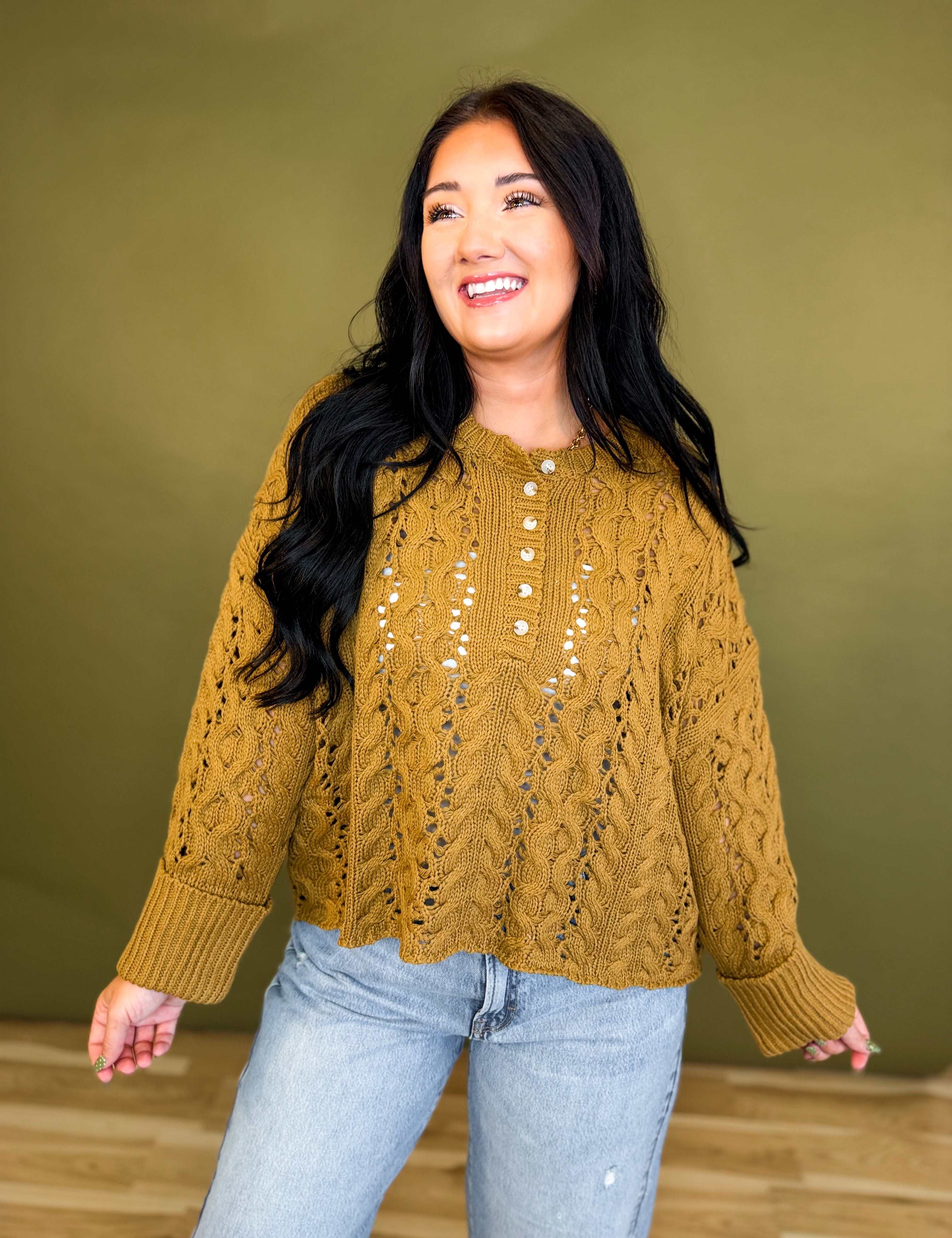 Chunky Cable Knit Henley Sweater - Camel - Lace and Grace Boutique
