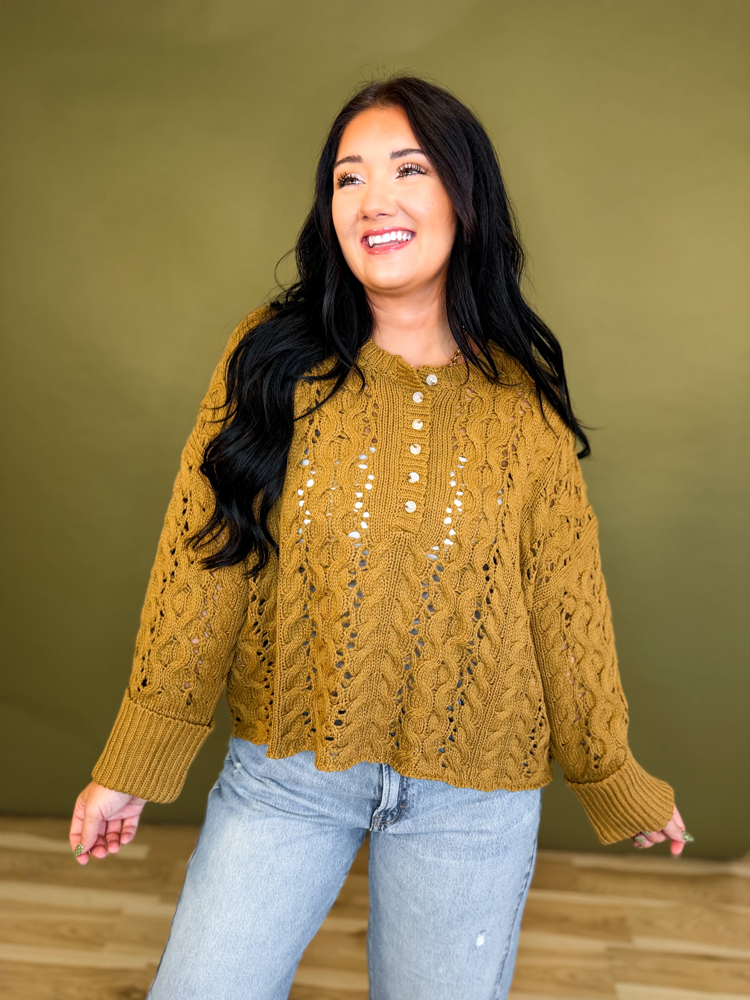 Chunky Cable Knit Henley Sweater - Camel - Lace and Grace Boutique