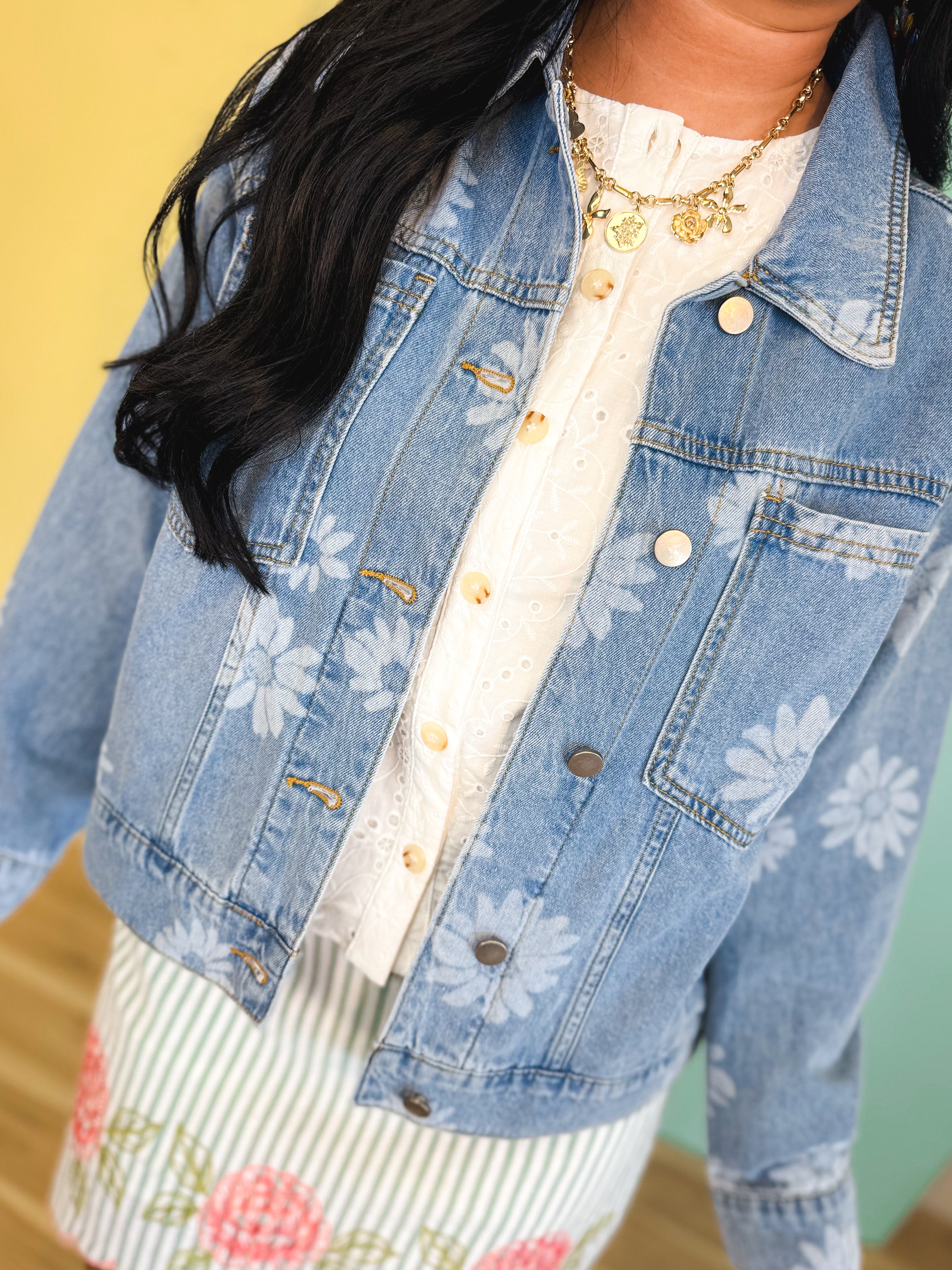 Floral Printed Denim Jacket - Light Denim Blue - Lace and Grace Boutique