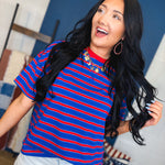 Contrast Striped Knit Tee - Blue/Red - Lace and Grace Boutique
