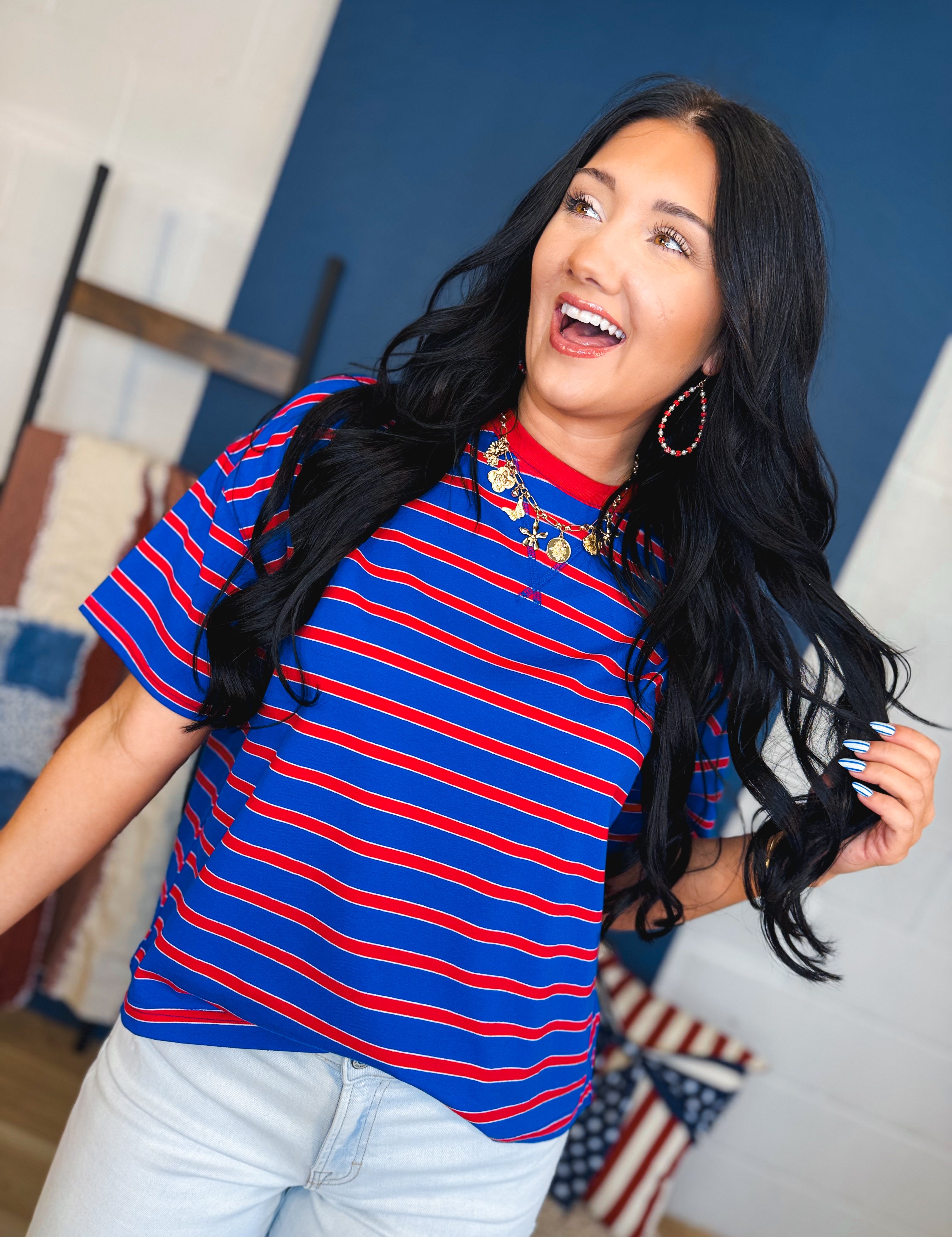 Contrast Striped Knit Tee - Blue/Red - Lace and Grace Boutique